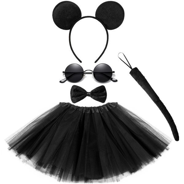 5Pcs Mouse Role Play Costume Set Including Mouse Ears Headband Bow Tie Tail Glasses Tutu Skirt for Fancy Dress Up Accessories