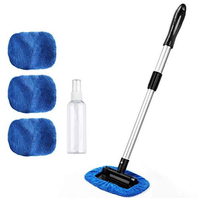 Windshield Cleaning Tool, Car Window Cleaner with 4 Washable Reusable  Microfiber Pads, Extendable Long Handle Glass Wiper Cleaning Kit, Auto