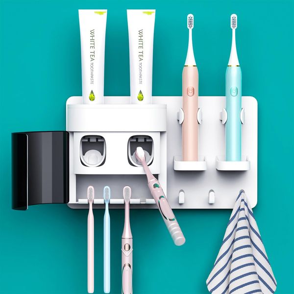 TuCao 2 Electric Toothbrush Holders Wall Mounted, DENSAIL Double Automatic Dispenser with Dust-Proof Cover, 2 Toothpaste Squeezer, 4 Toothbrush Organizer Slots