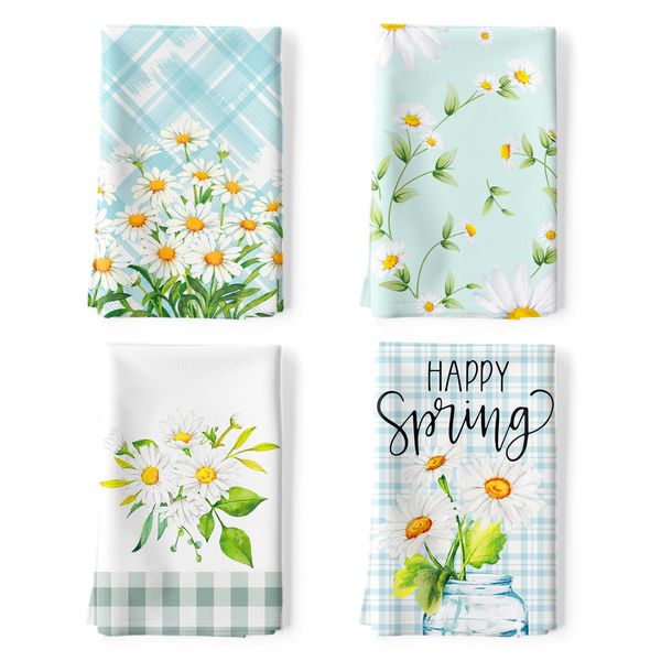 Arquiel Daisy Kitchen Towel 100% Cotton Quick Dry Dish Towels 50 x 70CM, Dishcloth Hand Towels for Housewarming Gifts Dining, Home, Wedding, Banquet, Buffet (Set of 4)