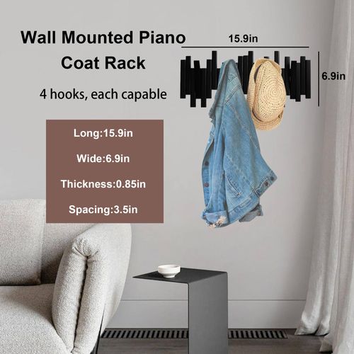 MinBoo Bamboo Multi Hook Coat Rack -Decorative Hooks for Wall Modern, Unique, Space-Saving Coat Hanger with 4 Flip-Down Hooks for Hanging Coats, Christmas Decorations Wall Hooks for Hanging,Black