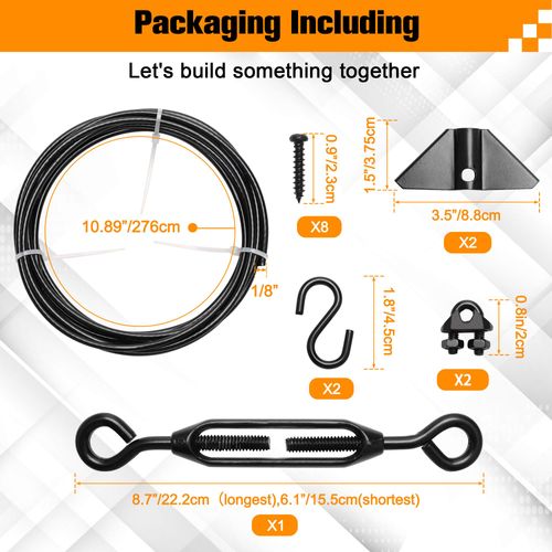 Zhaoyao Hardware Anti Sag Gate Kit, Waterproof Coating Zinc Steel Anti-Sag Gate Support Cable Kit for Outdoor Gate Black Repair Kit for Wood Fence Includes Turnbuckle, Hooks, Heavy Cable, Screws
