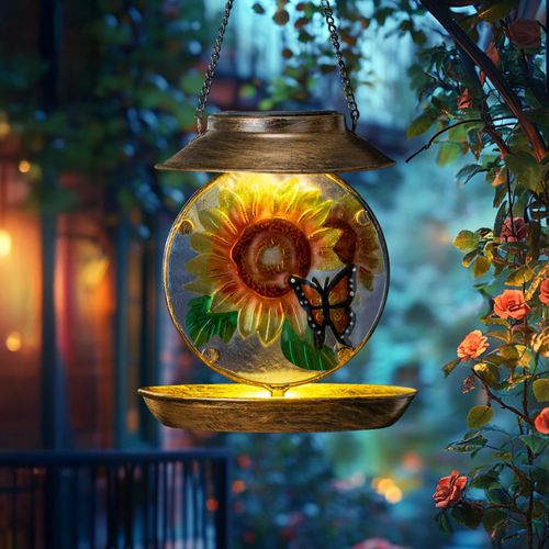 VESTCDF Solar Bird Feeders for Outdoors Hanging, Solar Sunflower Bird Feeder with Led Light Waterproof Metal Birdfeeders Outside Hanging Decorative for Outdoor Garden Yard Patio Backyard
