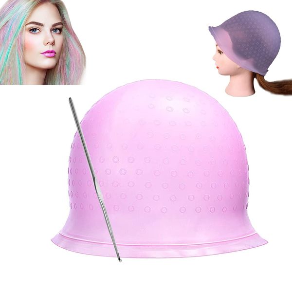 Reusable Silicone Hair Highlighting Cap - Salon Hair Dye Cap & Metal Hook Matting Tipping Hair Styling Tools(Purple)