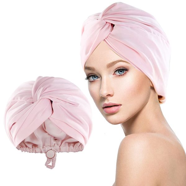 WUBAYI Silk Bonnet for Sleeping, Imitation Night Sleep Caps, Silk Wrap with Elastic Adjustable Button, Soft Head Cover Sleeping Hat for Women with Curly Hair Pink