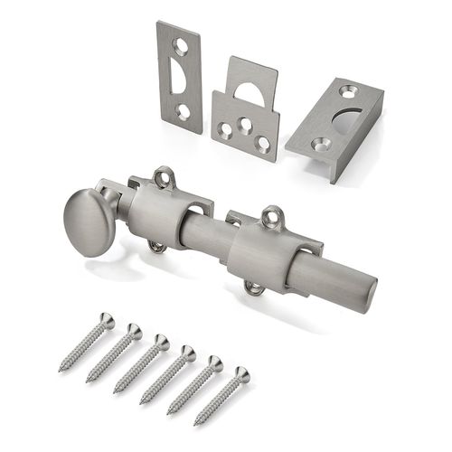 khtumeware 4 inches 2-Pack, Brushed Satin Nickel Solid Brass Dutch Door Surface Slide Latches & Slide Surface Bolts, Decorative Surface Slide Bolts for Windows and Doors