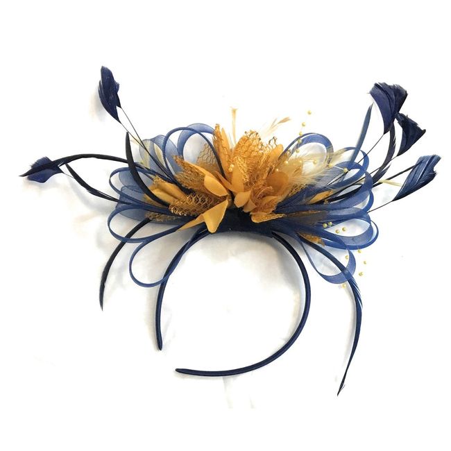 Caprilite Fashion Navy Blue & Mustard Yellow Fascinator on Headband AliceBand UK Wedding Ascot Races Loop