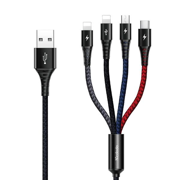 Mcdodo CA-6230 4 in 1 Charging Cable, 3.9 ft (1.2 m), 2.4 A Rapid Charging, 3 Types of Terminals (Lightning x 2, USB-C, Micro USB), High Speed Data Transfer (iOS Only), i-Phone Cable, Type-C Cable,