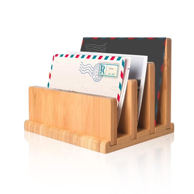 Bamboo Mail Organizer with Rubber Feets, wishacc Vertical Desk Letter/Envelope/File/Paper/Folder/Bill Holder for Office & Home, Small 3 Sections Desktop Office Supplies Incline Sorter Rack