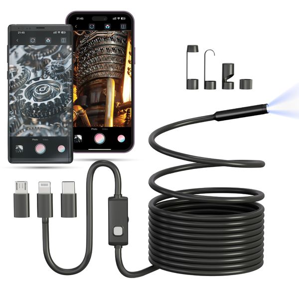 HertzEagle Endoscope Camera with Light Compatible with iPhone and Android, 16.5ft IP67 Waterproof Snake Camera, Borescope, 8 Adjustable Lights