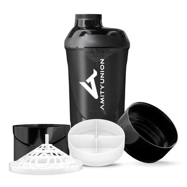 Fitness Shaker 700 ml mit 2 Extra Fächern - Deluxe Protein Shaker komplett auslaufsicher - BPA frei mit Sieb und Skala für Whey und BCCA Pulver, Trinkflasche für Trainings Boster - Schwarz Smoke Cup