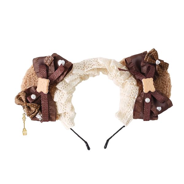 GK-O Lolita Bear Ear Headband Bowknot Hair Kawaii Lolita Prop Headwear Cute Hairpin Female Headdress Hair Accessories Handmade (Brown)