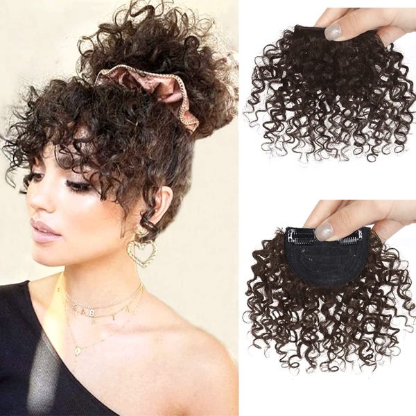 ICRAB Afro Kinly Curly Bangs Clip in Hair Extensions Natural Fake Fringe Bangs Short Curly Human Hair Bangs Clip on Hair Piece Jerry Curly Fringe Hair 4# Dark Brown Color