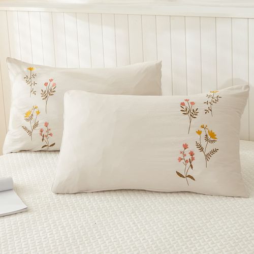 Flower Pillowcases, Cream Pillow Cases Set of 2, 100% Washed Microfiber, Boho Chic Farmhosue Embroidered Flower Pillow Cover, 2 Pack (Queen, Beige Flower)