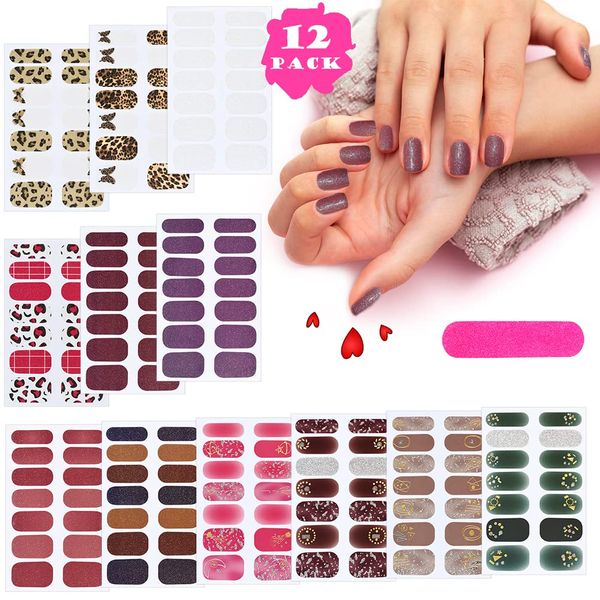 Adesivi Nail Art Per Unghie, NOCHME 12 Fogli Impermeabili Disegni Con Unghie Lima, Gel Decalcomanie Stamping, Fiori Glitterati Metallici Normali Decorazioni Nail Art Sticker Per Donne E Ragazze