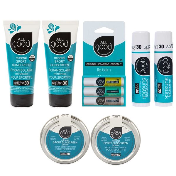 All Good Mineral Ultimate Sun Care Set - 3-Pack SPF Lip Balms, 2 Sunscreen Lotions, 2 Zinc Sun Butters, & 2 Face/Nose/Ear Sunsticks - Water Resistant & Coral Reef Friendly (Unscented)