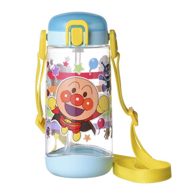 Lec Anpanman Clear Water Bottle (Straw Type) 15.9 fl oz (450 ml), One-touch Open, Blue