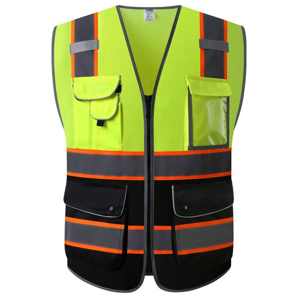 JKSafety 9 Pockets Class 2 High Visibility Dual Color Zipper Front MESH Lite Safety Vest | Orange Color Triming Reflective Strip | ANSI/ISEA Standards (100-Yellow-Black, XL)