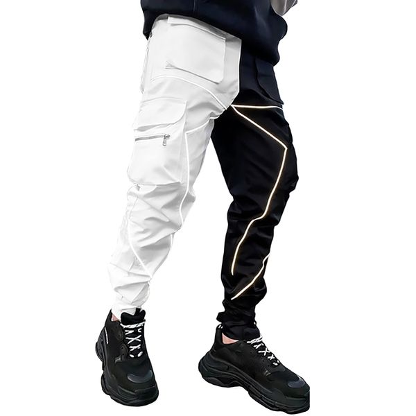 BOOMLEMON Men's Cargo Jogger Pants Reflective Technical Hip Hop Harem Pants Punk Streetwear Tactical Track Pants(Black White XS)