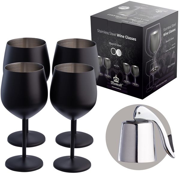 Mosscoff Stainless Steel Wine Glass Set of 4 - Black and Silver collection - 18 oz/530 ml Unbreakable Wine Glasses with a wine stopper - Portable Metal Wine Glass