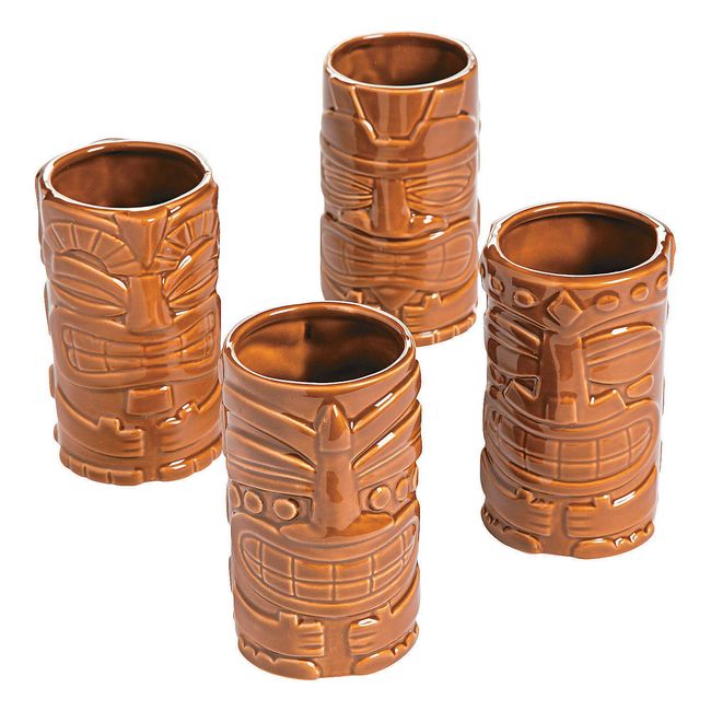 Ceramic Tiki Tumbler Mugs (4 cup set) Luau Tropical Party Decorations