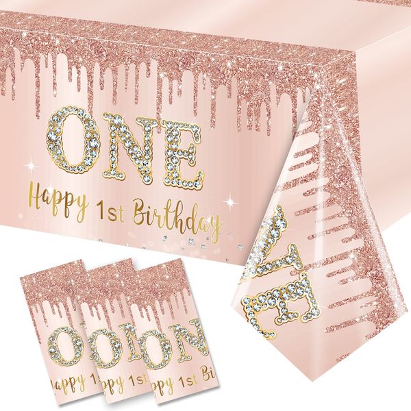 Excelloon 3 Pcs 1st Birthday Tablecloth Decorations for Baby, Pink Rose Gold First Birthday Theme Table Cover Party Supplies, One Year Old Birthday Plastic Disposable Rectangular Table Cloth Decor