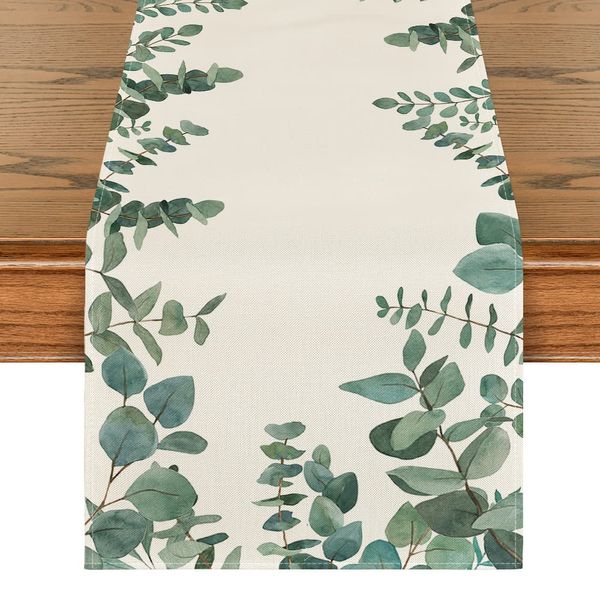 Artoid Mode Eucalyptus Leaves Summer Table Runner, Seasonal Spring Kitchen Dining Table Decoration for Home Party Decor 40x240 cm