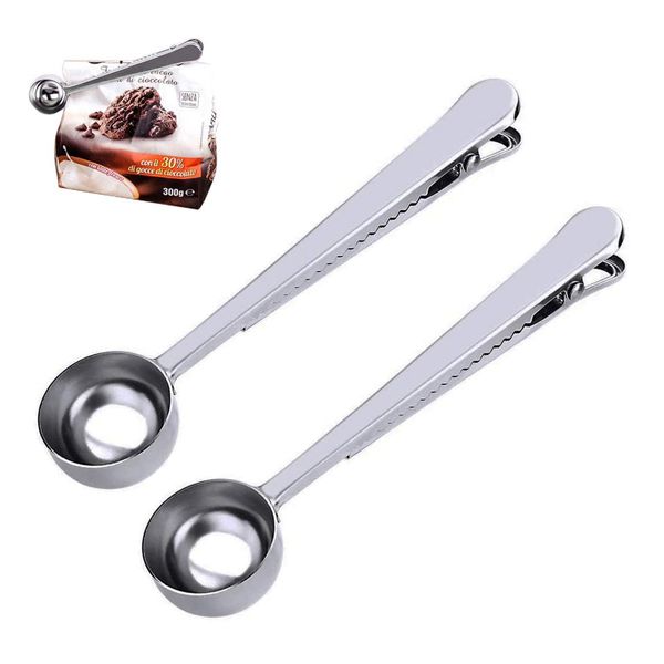 2PCS Coffee Scoop with Bag Clip, Stainless Steel Coffee Measuring Spoon Ground Coffee Sealer for Cafetiere Ground Coffee and Beans(Silver）