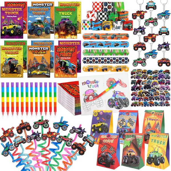 Miucat Monster Truck Party Favors Serve 12, Machine Jam Birthday Supplies include Slap Bracelet Coloring Books with Stacking Crayons Drinking Straws Keychain Stickers Gift Bags for Kids 122Pcs