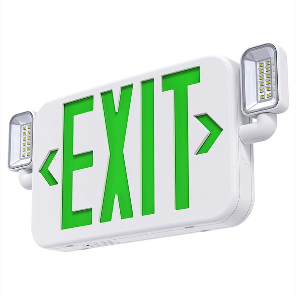 SiTiSFi Led Combo Emergency Exit Sign Light with Two Adjustable Head Lights and Backup Battery,US Standard Green Letter Commercial Emergency Exit Lighting,UL 924,120/277V (1Pack)