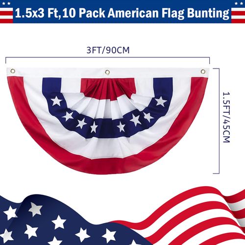 JNYVE 4th of July Decorations - 1.5x3 Ft American Flag Bunting Outdoor - USA Patriotic Pleated Fan Flag for Porch Garden Decor (Set of 10)
