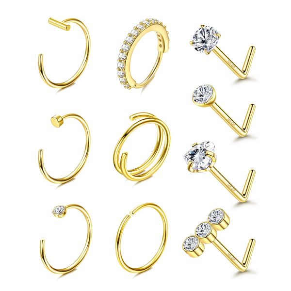 BESTEEL 14K Gold Filled Nose Ring Studs 20G Nose Rings Hoops Stud 316L Stainless Steel Nose Rings Round CZ Heart Simulated Diamond L Shaped Nose Stud Hypoallergenic Nostril Piercing Jewelry for Women Men 10Pcs Gold Style