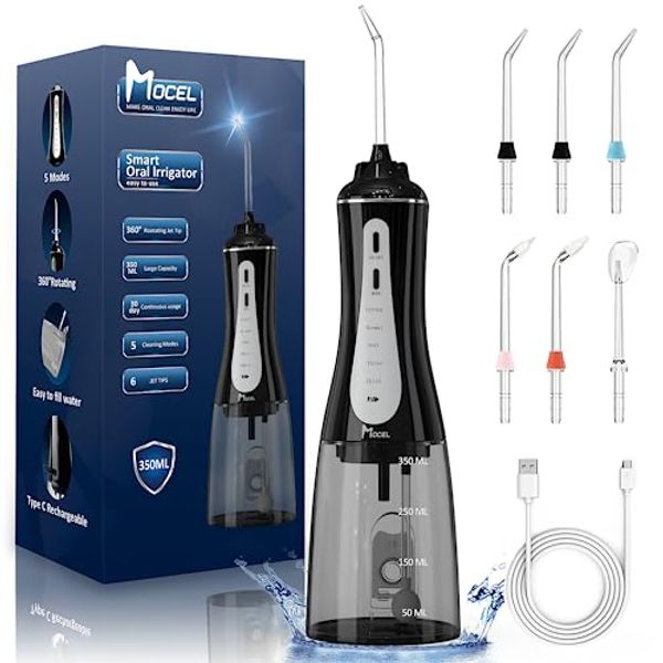 MOCEL Water Dental Flosser Oral Irrigator with 5 Modes, 350ml Cordless Water Teeth Cleaner Pick 6 Tips, IPX7 Waterproof Rechargeable Portable Powerful Battery for Travel & Home Braces & Bridges Care