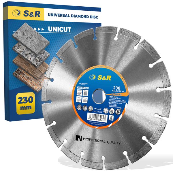 S&R Diamond Cutting Disc 230 x 22.2 mm, Saw Blade for angle grinder, universal use: Diamond cutting blade for Concrete, Stone, Brick, Masonry discs