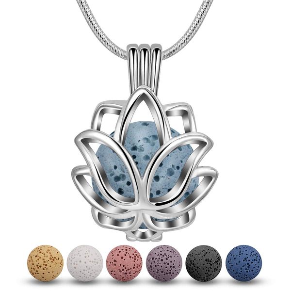 INFUSEU Lava Stone Essential Oil Diffuser Necklace Lotus Blossom Aromatherapy Jewelry set for Women Girls, 7 PCS Lava Rocks, 24" Snake Chain