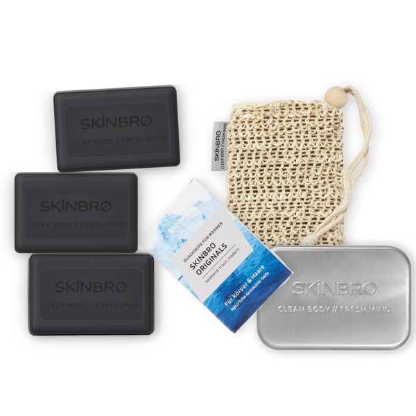 SKINBRO® Duschset Männer Originals – 3x feste Duschseife mit Aktivkohle (je 100g) inkl. Sisalsäckchen & Alu-Seifendose – Sportlich & frisch, silikonfrei, vegan & nachhaltig – Made in Germany