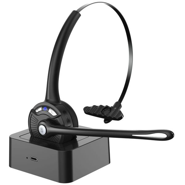 Bluetooth-Headset mit Mikrofon, kabelloser On-Ear-Kopfhörer mit Geräuschunterdrückung und Ladestation, Telefon-Headset-Stummschalttaste für Laptop, Skype, Call Center, Büro, Trucker