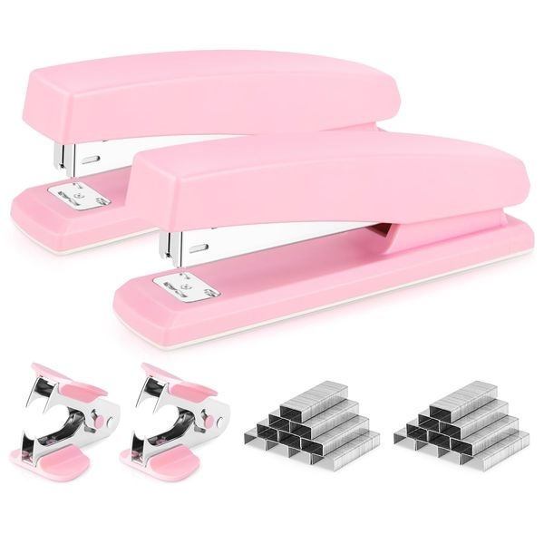 Deli Stapler, Desktop Stapler, 2 Pack, Office Stapler, 25 Sheet Capacity, Includes 2000 Staples and 2 Staple Removers, 2 Pack,Pink