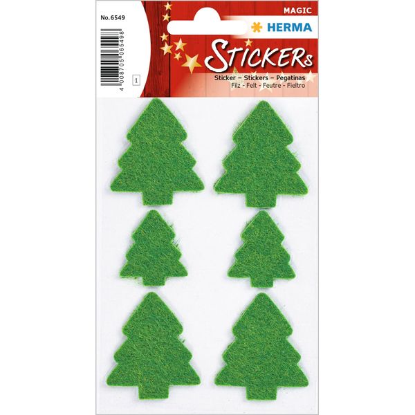 HERMA 6549 Aufkleber Weihnachtsbaum klein groß, 6 Stück, Weihnachten Sticker aus Filz mit Tannenbaum Motiv, Kinder Etiketten für Weihnachtsdeko Geschenke Adventskalender Winter Dekoration DIY Basteln