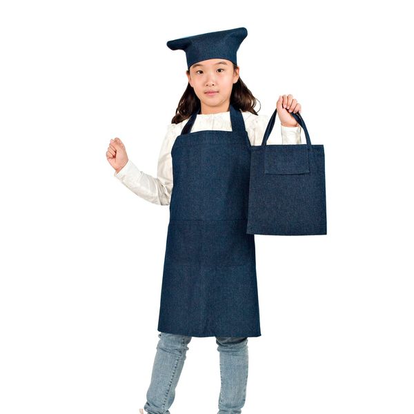 JACKIE & YORK Children’s Apron, Kids, Bandanna Style Head Covering and Storage Bag Included, Easy to Put On and Take Off, Elementary School, Unisex, Cute, Simple, Dust Resistant, denim navy