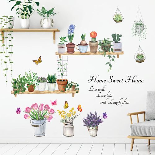 DECOWALL DSL-8055 Green Potted Plants Wall Stickers Tropical Flowers Plant Pots Decals Removable for Living Room Bedroom Art Decoration Home Décor DIY Murals Self Adhesive