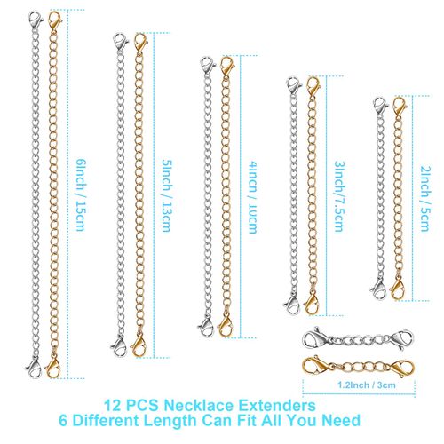 Necklace Extender, 12 PCS Chain Extenders for Necklaces, Premium Stainless Steel Jewelry Bracelet Anklet Necklace Extenders (6 Gold, 6 Silver), Length: 1" 2" 3" 4" 5" 6", by UUBAAR