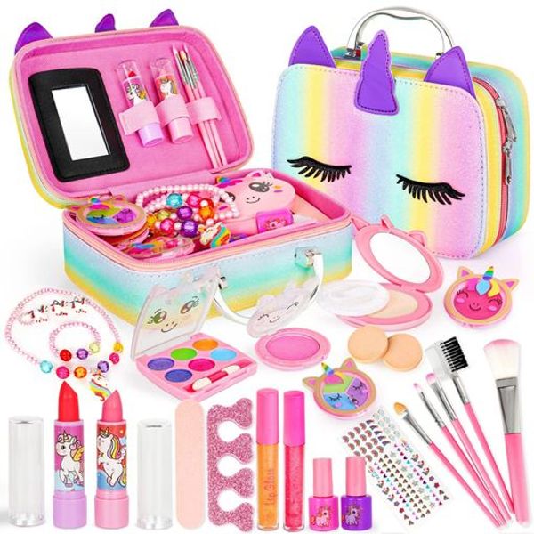 Makeup set, toy, for girls, ages 5, 6, 7, 8, 9, 10, 11, and 12, gift, cosmetic set, pretend play set, dresser, compact makeup set, for girls, 28 pieces, dresser, for kids, role play, birthday, Christmas, gift