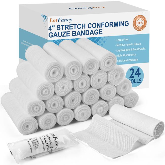 Gauze Rolls Pack of 24 4" x 4.1 Yards Individually Wrapped First Aid Bandages
