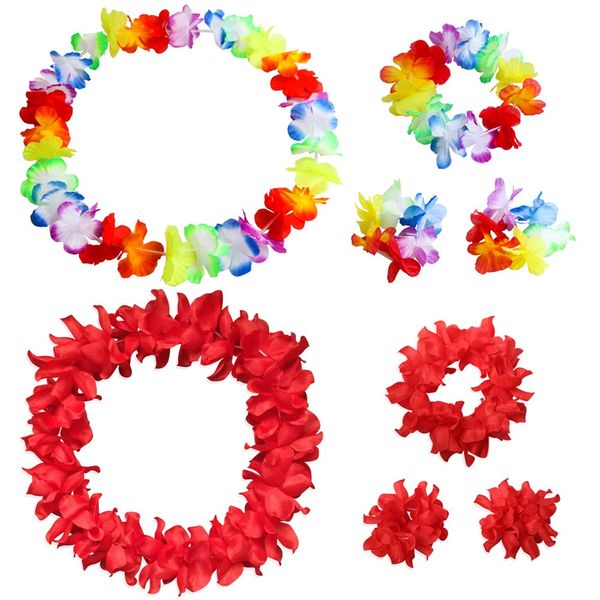 Hawaiian Leis Luau Tropical Headband Flower Crown Wreath Headpiece Wristbands Women Thicker Necklace Bracelets Hair Band For Summer Beach Vacation Pool Party Decorations Favors Supplies Set Red