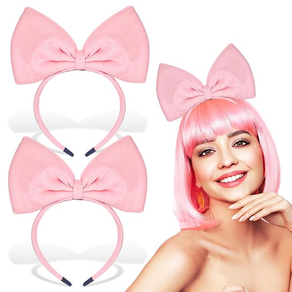 Domkier 2 Piece Bow Headbands Pink Big Bow Hair Band,Halloween Christmas Headdress for Women and Girls, Cosplay Party Decor Supplies