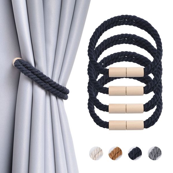 Pretty Jolly 4 Pack Wooden Magnetic Curtain Tiebacks Boho Decoration Drape Tie Backs Natural Cotton Handmade Double Rope Curtain Holdbacks for Thin & Thick Home & Office Window Drapery (New Dark Blue)