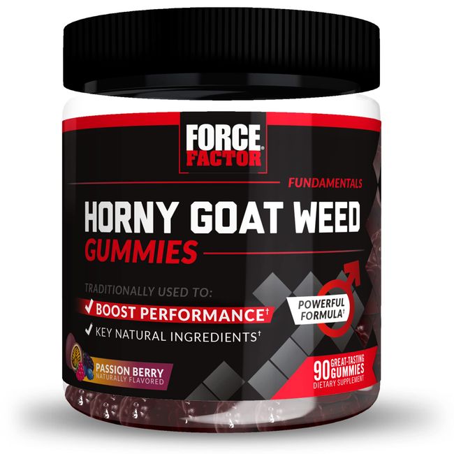 Force Factor Horny Goat Weed Gummies for Men, Natural Male Drive & Vitality Supplement with Ingredients for Superior Absorption, Delicious Passion Berry Flavor, Black, 90 Count