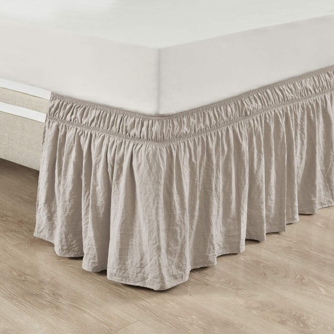 Lush Decor Ruched Ruffle Elastic Easy Wrap Around Bedskirt, Queen/King/Cal King, Neutral