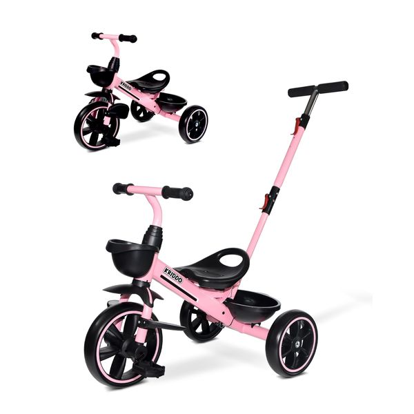 KRIDDO 2-in-1 Toddler Tricycle for Ages 18 Months to 5 Years Old - Extended Push Handle for Effortless Push, Gift Trike for Toddler 3 to 5 Year, Kids Tricycle with Foldable Front Footrest, Pink